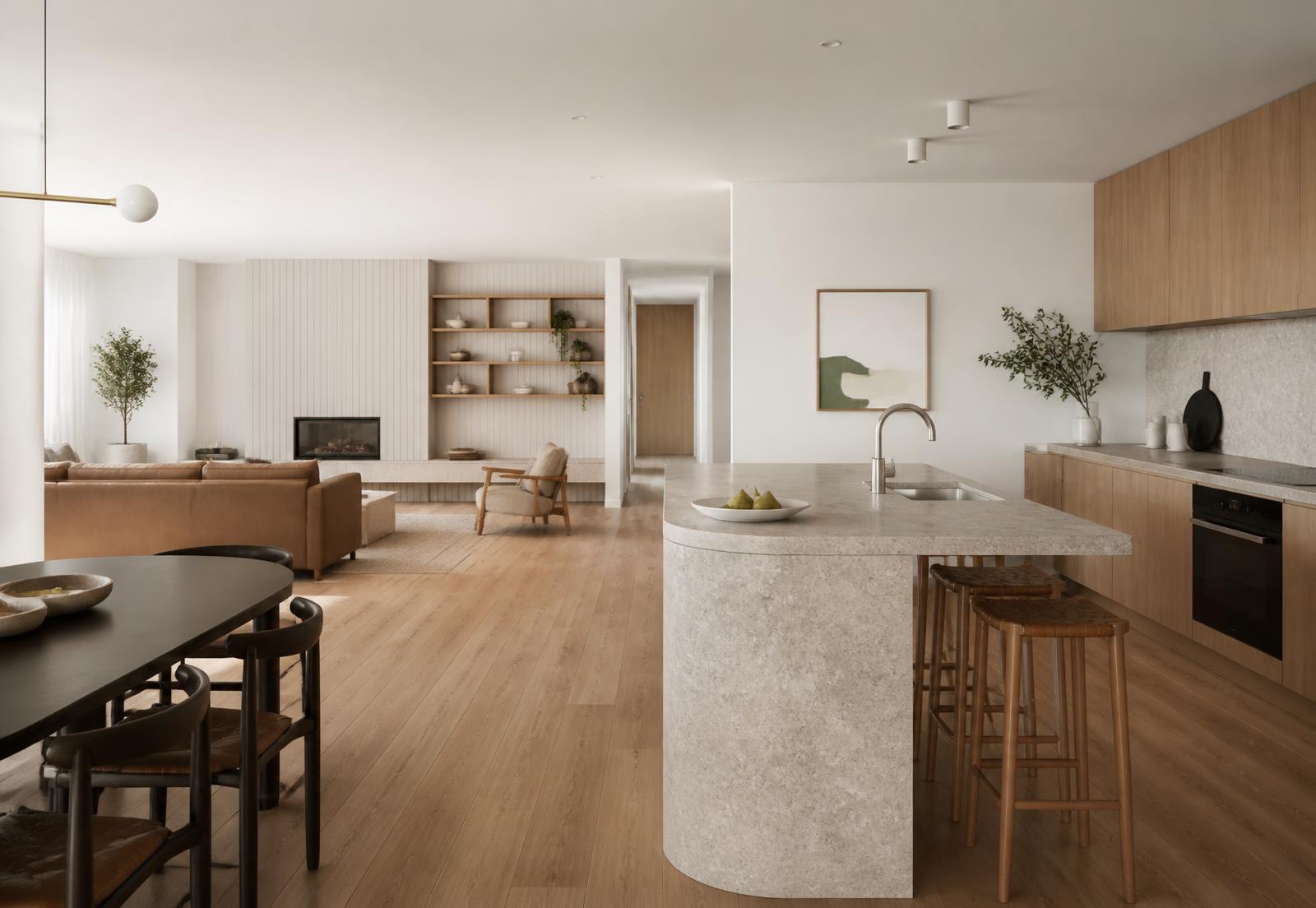 Open plan kitchen and living area of a new Australian home
